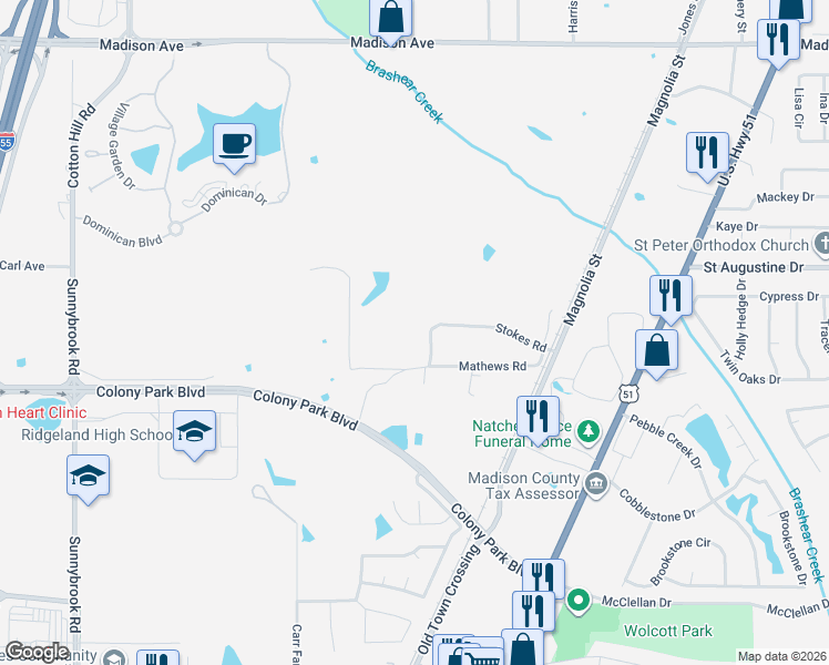 map of restaurants, bars, coffee shops, grocery stores, and more near 512 Stokes Road in Ridgeland
