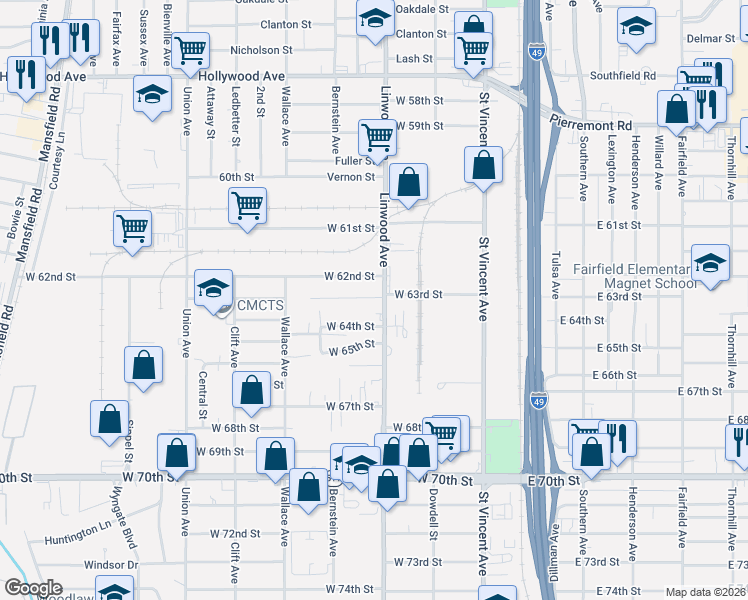 map of restaurants, bars, coffee shops, grocery stores, and more near 6330 Linwood Avenue in Shreveport