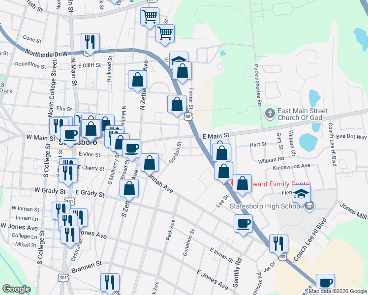 map of restaurants, bars, coffee shops, grocery stores, and more near 91 Thomas Street in Statesboro