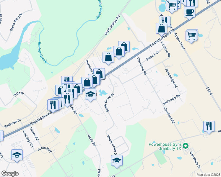 map of restaurants, bars, coffee shops, grocery stores, and more near 400 Shady Grove Drive in Granbury