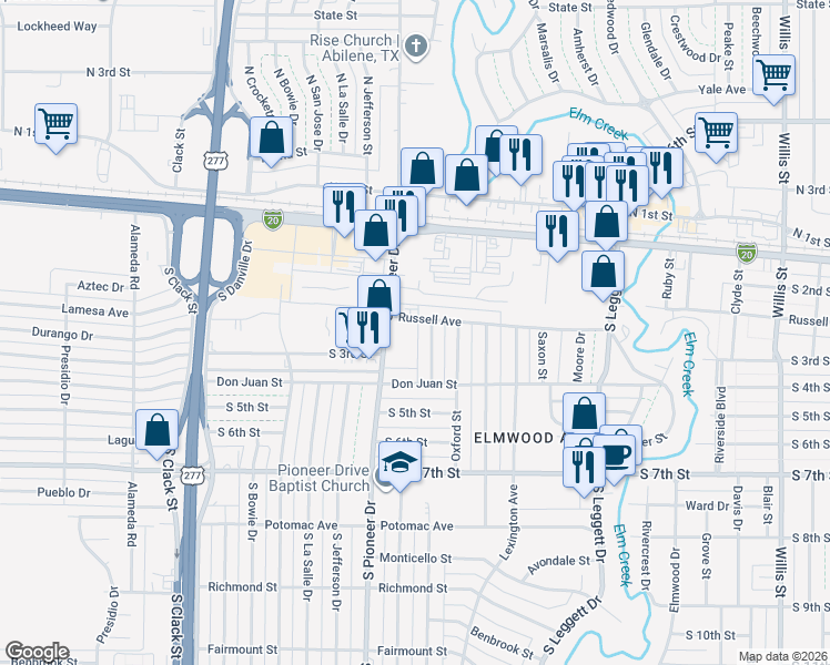map of restaurants, bars, coffee shops, grocery stores, and more near 305 South Pioneer Drive in Abilene