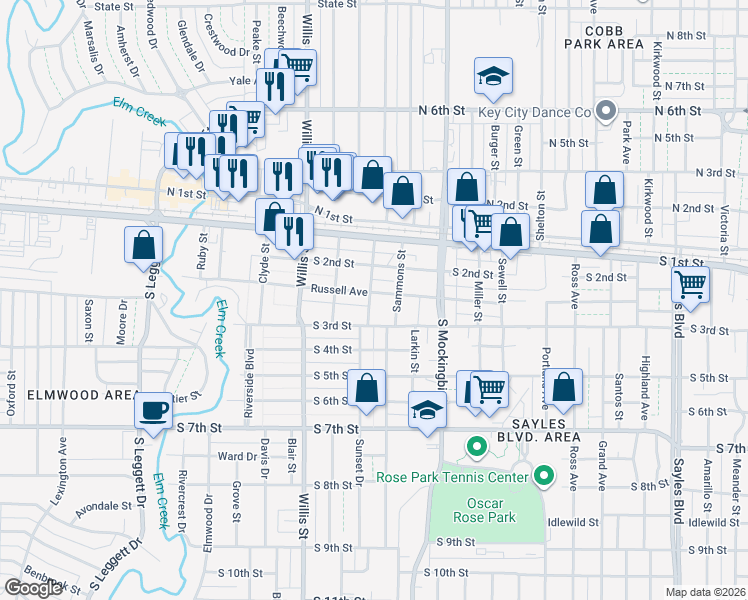 map of restaurants, bars, coffee shops, grocery stores, and more near 3041 Russell Avenue in Abilene