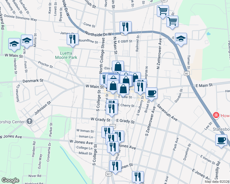 map of restaurants, bars, coffee shops, grocery stores, and more near 20 South Main Street in Statesboro