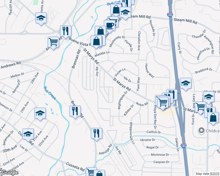 map of restaurants, bars, coffee shops, grocery stores, and more near 3536 Saint Marys Road in Columbus