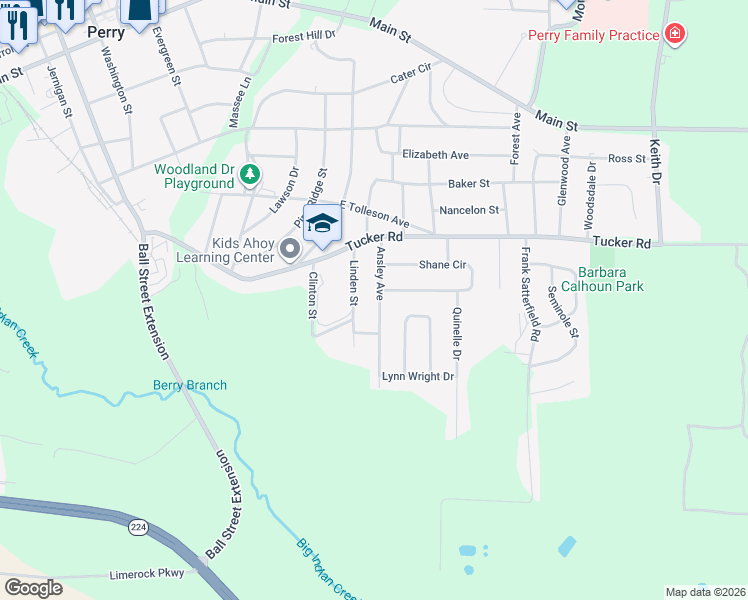 map of restaurants, bars, coffee shops, grocery stores, and more near 530 Ansley Avenue in Perry