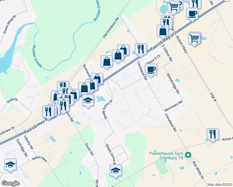 map of restaurants, bars, coffee shops, grocery stores, and more near 3204 Betty Court in Granbury