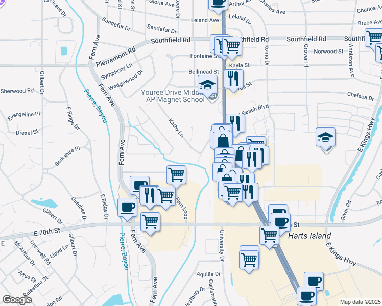 map of restaurants, bars, coffee shops, grocery stores, and more near 6312 Kathy Lane in Shreveport