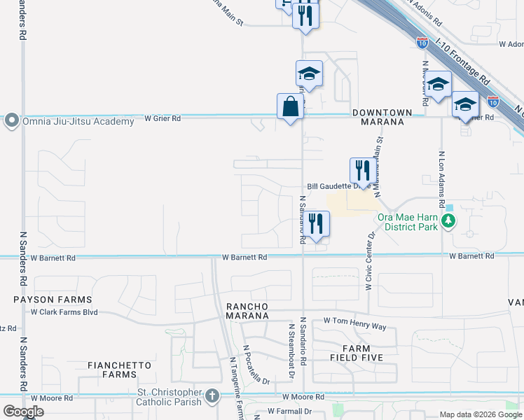 map of restaurants, bars, coffee shops, grocery stores, and more near 13328 North Red Lantern Way in Marana