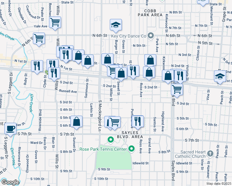 map of restaurants, bars, coffee shops, grocery stores, and more near 2717 Russell Avenue in Abilene