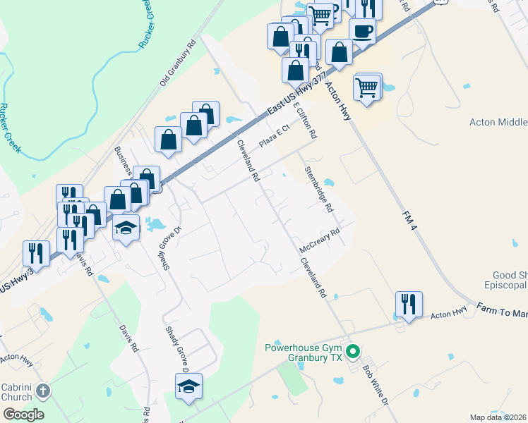 map of restaurants, bars, coffee shops, grocery stores, and more near 412 Cleveland Road in Granbury