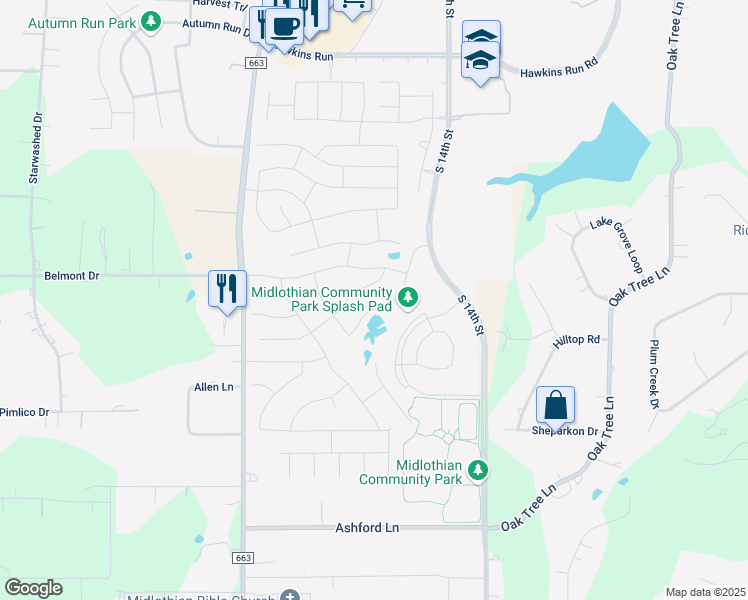 map of restaurants, bars, coffee shops, grocery stores, and more near 429 Lake Park Drive in Midlothian