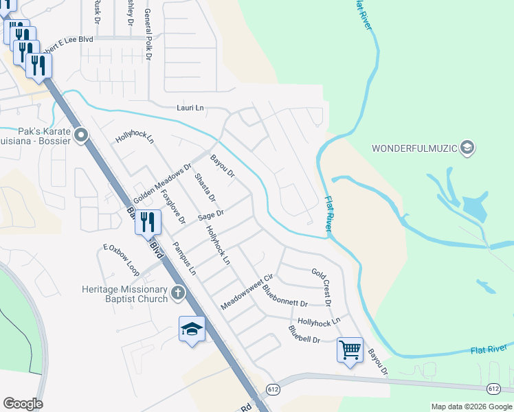 map of restaurants, bars, coffee shops, grocery stores, and more near 5507 Bayou Drive in Bossier City