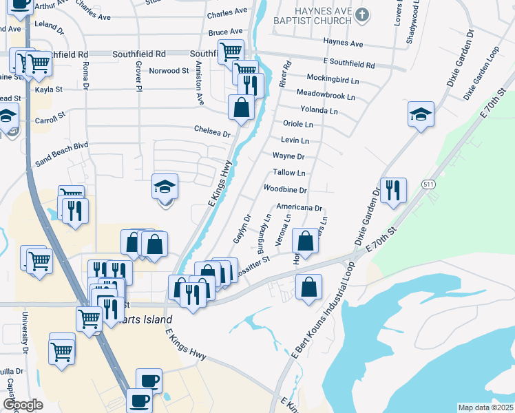map of restaurants, bars, coffee shops, grocery stores, and more near 6101 Gaylyn Drive in Shreveport