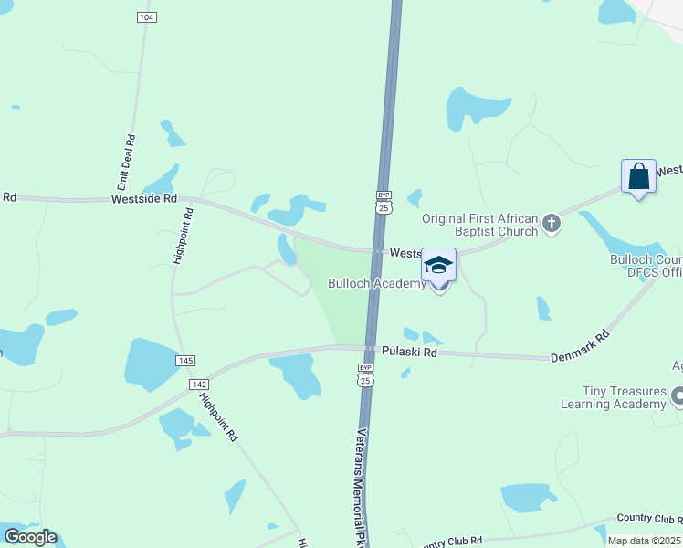 map of restaurants, bars, coffee shops, grocery stores, and more near Veterans Memorial Parkway in Statesboro