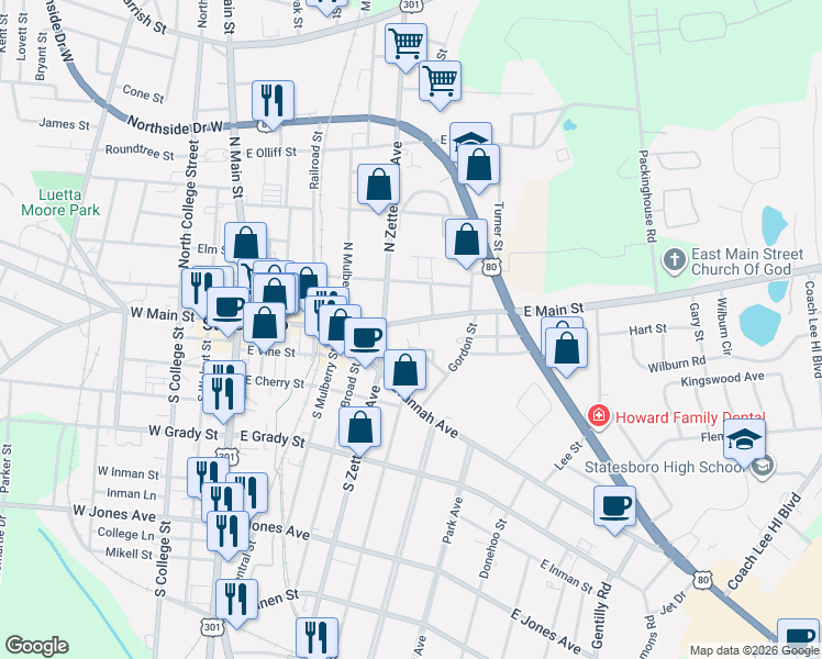 map of restaurants, bars, coffee shops, grocery stores, and more near 5 Crescent Avenue in Statesboro
