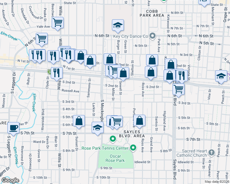map of restaurants, bars, coffee shops, grocery stores, and more near 2717 Russell Avenue in Abilene