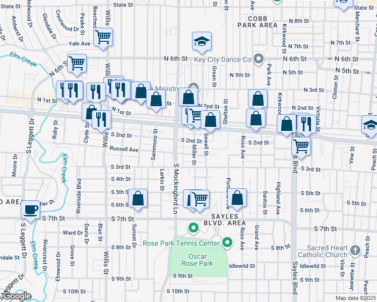 map of restaurants, bars, coffee shops, grocery stores, and more near 2833 Russell Avenue in Abilene