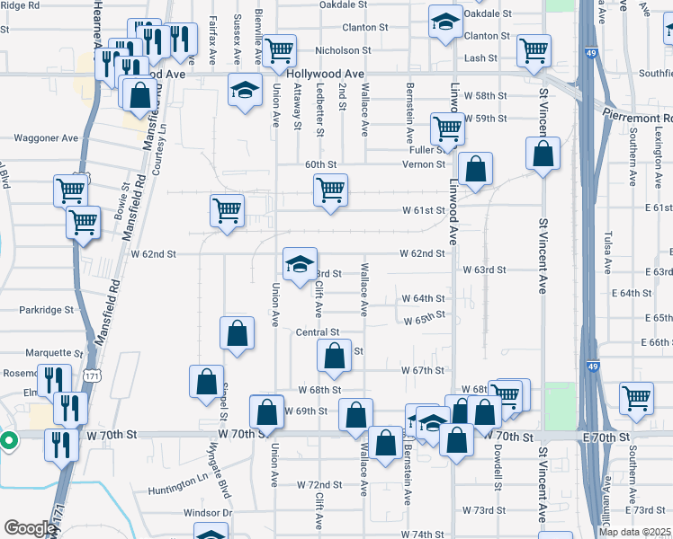 map of restaurants, bars, coffee shops, grocery stores, and more near 620 West 63rd Street in Shreveport