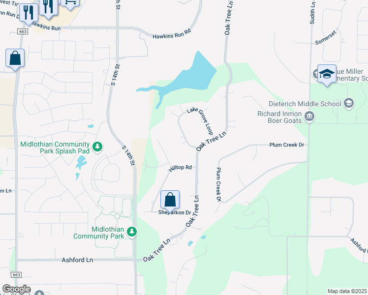 map of restaurants, bars, coffee shops, grocery stores, and more near 1002 Lake Grove Loop in Midlothian