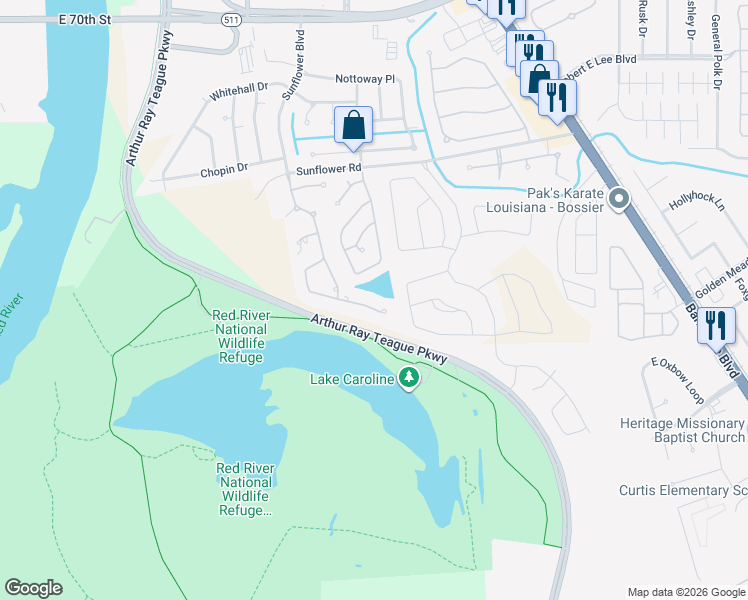 map of restaurants, bars, coffee shops, grocery stores, and more near 233 Welham Trace in Bossier City