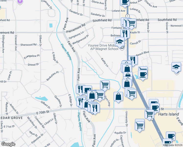 map of restaurants, bars, coffee shops, grocery stores, and more near 6121 Fern Avenue in Shreveport