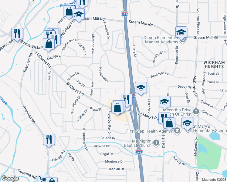 map of restaurants, bars, coffee shops, grocery stores, and more near 122 Cypress Court in Columbus