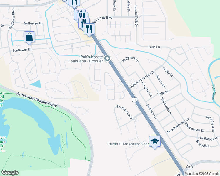 map of restaurants, bars, coffee shops, grocery stores, and more near 5400 Barksdale Boulevard in Bossier City