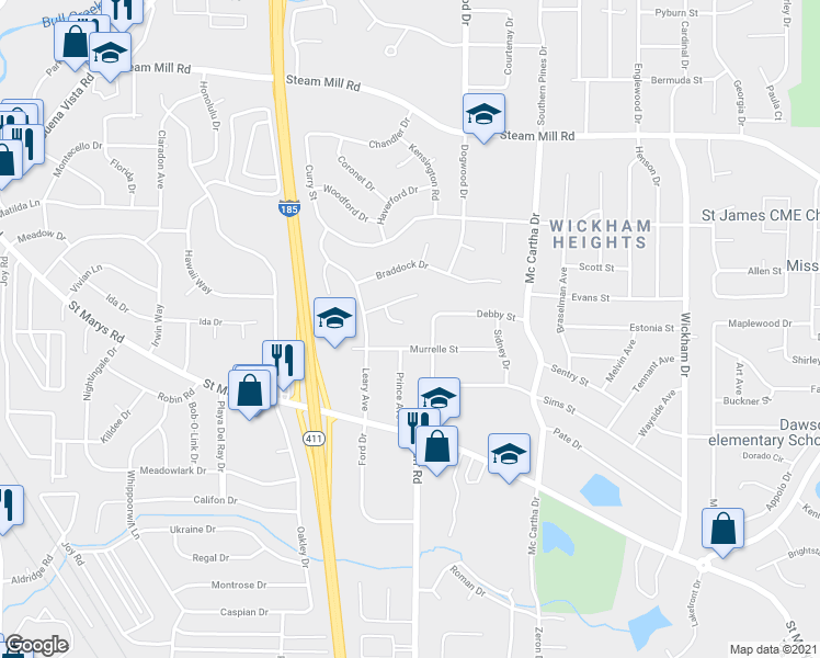 map of restaurants, bars, coffee shops, grocery stores, and more near 4103 Murrelle Street in Columbus