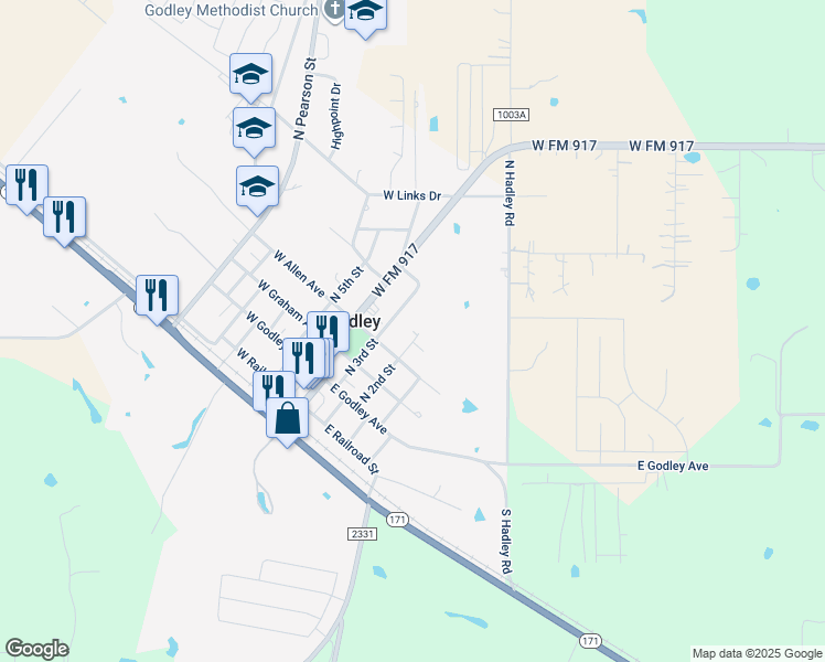 map of restaurants, bars, coffee shops, grocery stores, and more near 304 North 2nd Street in Godley