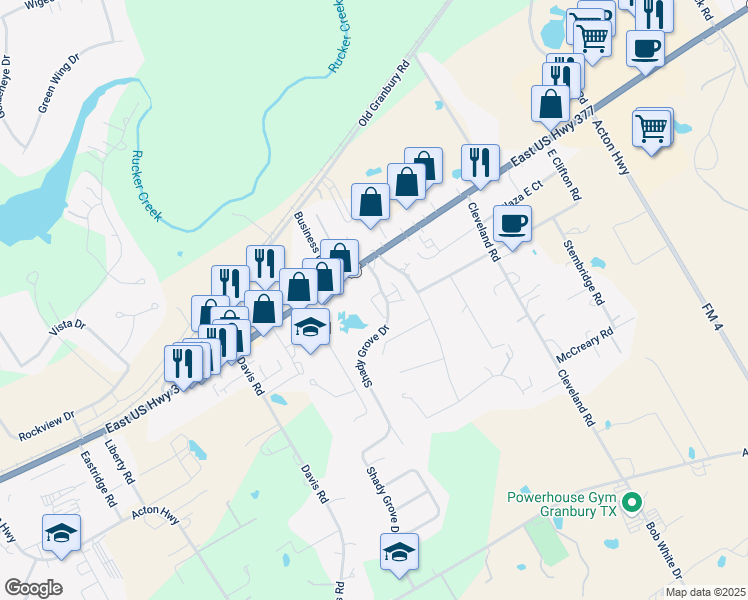 map of restaurants, bars, coffee shops, grocery stores, and more near 400 Shady Grove Drive in Granbury