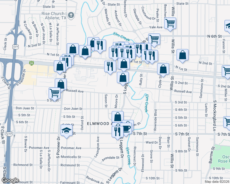 map of restaurants, bars, coffee shops, grocery stores, and more near 318 Moore Drive in Abilene