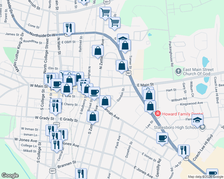 map of restaurants, bars, coffee shops, grocery stores, and more near 15 Crescent Avenue in Statesboro