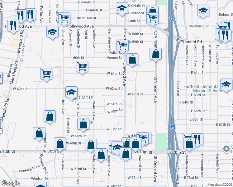 map of restaurants, bars, coffee shops, grocery stores, and more near 6330 Linwood Avenue in Shreveport
