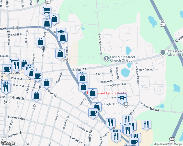 map of restaurants, bars, coffee shops, grocery stores, and more near 107 Lee Street in Statesboro