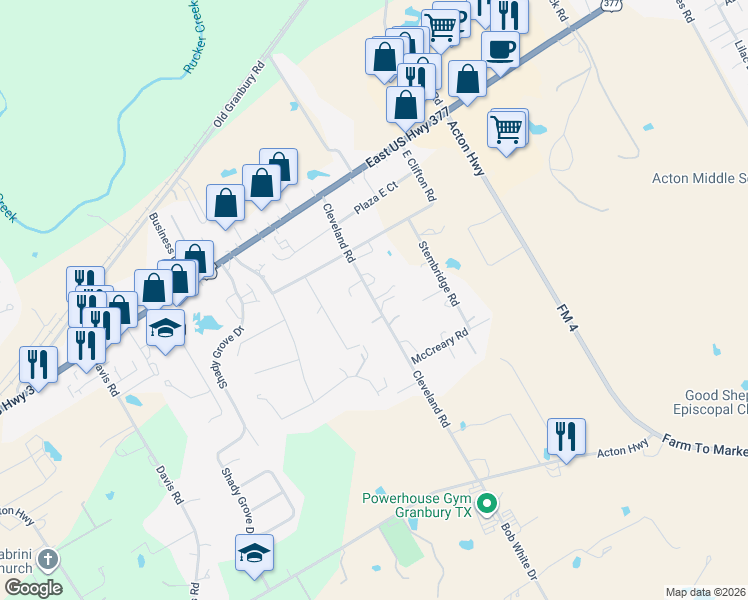 map of restaurants, bars, coffee shops, grocery stores, and more near 412 Cleveland Road in Granbury