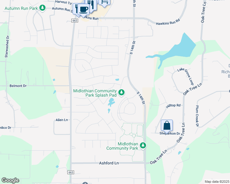 map of restaurants, bars, coffee shops, grocery stores, and more near 429 Lake Park Drive in Midlothian