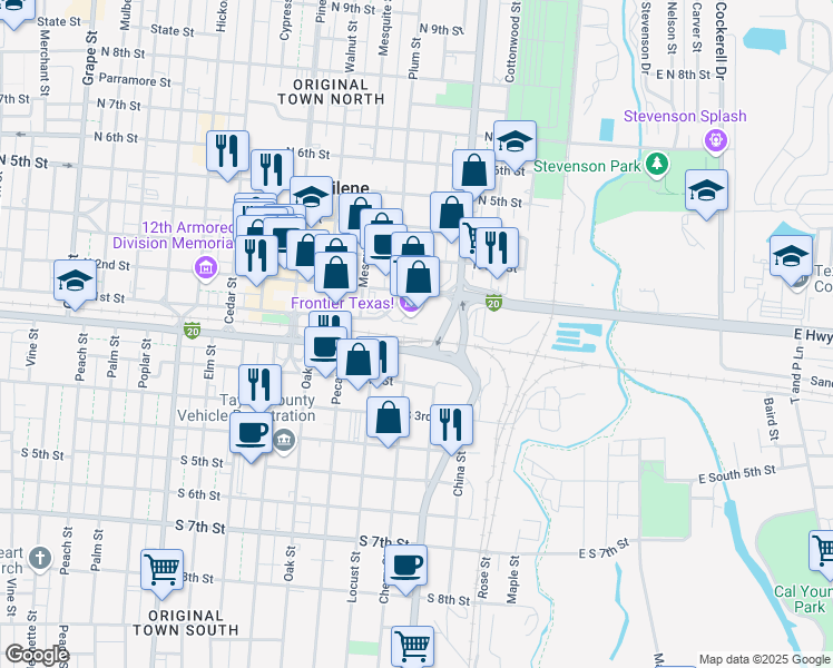 map of restaurants, bars, coffee shops, grocery stores, and more near 502 South 1st Street in Abilene