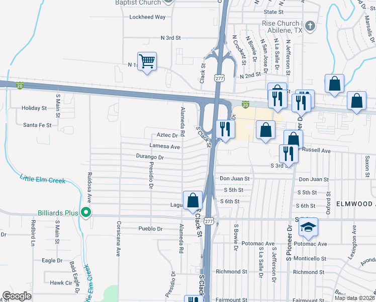 map of restaurants, bars, coffee shops, grocery stores, and more near 5201 Aztec Drive in Abilene
