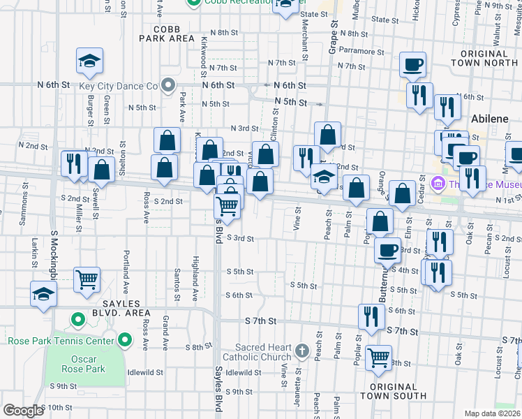 map of restaurants, bars, coffee shops, grocery stores, and more near 100 Maxwell Street in Abilene