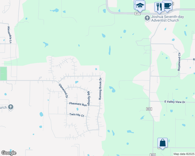 map of restaurants, bars, coffee shops, grocery stores, and more near 4005 Running Brook Drive in Joshua