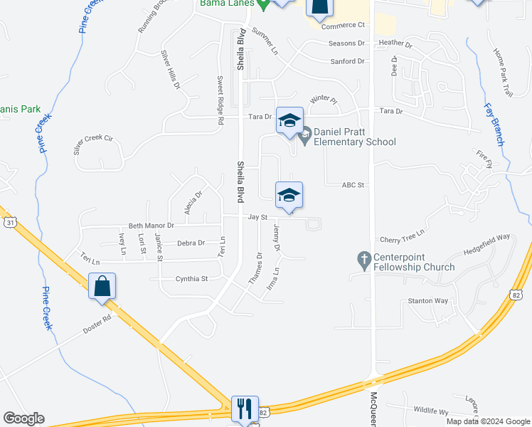 map of restaurants, bars, coffee shops, grocery stores, and more near 209 Jay Street in Prattville