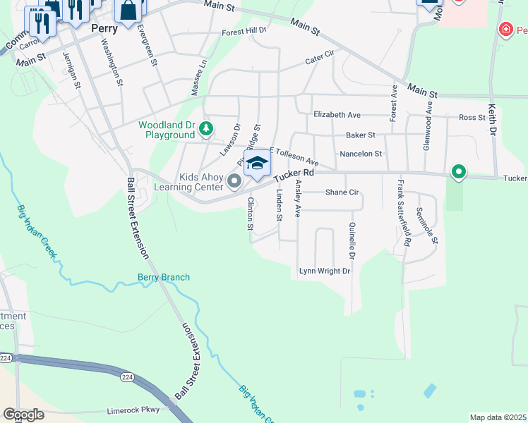 map of restaurants, bars, coffee shops, grocery stores, and more near 1300 Tucker Road in Perry