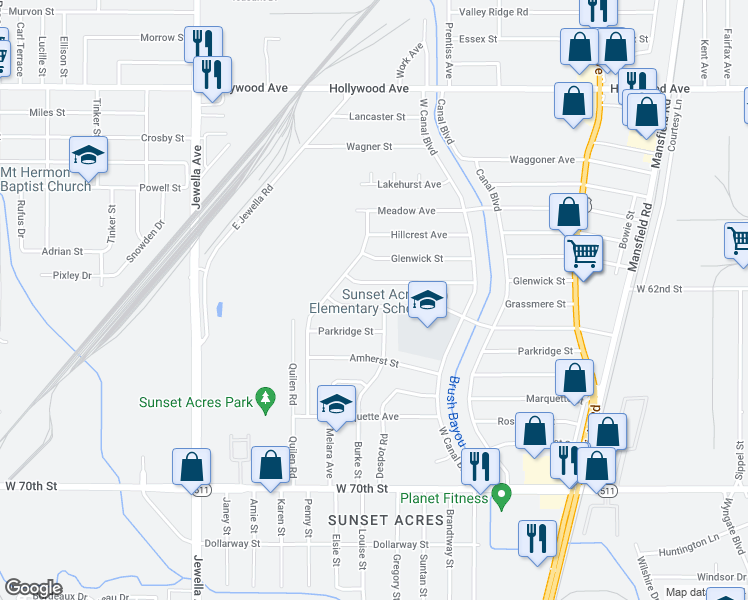 map of restaurants, bars, coffee shops, grocery stores, and more near 3010 Sunnybrook Street in Shreveport
