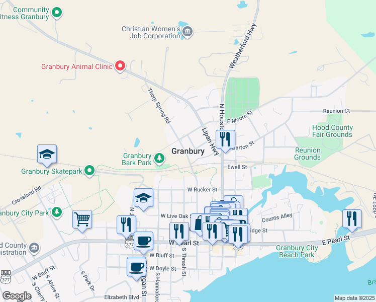 map of restaurants, bars, coffee shops, grocery stores, and more near  in Granbury