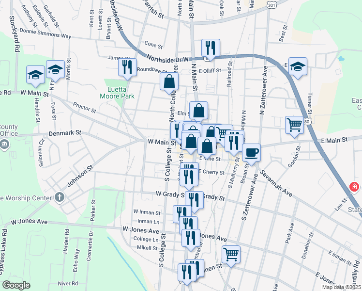 map of restaurants, bars, coffee shops, grocery stores, and more near 30 West Main Street in Statesboro