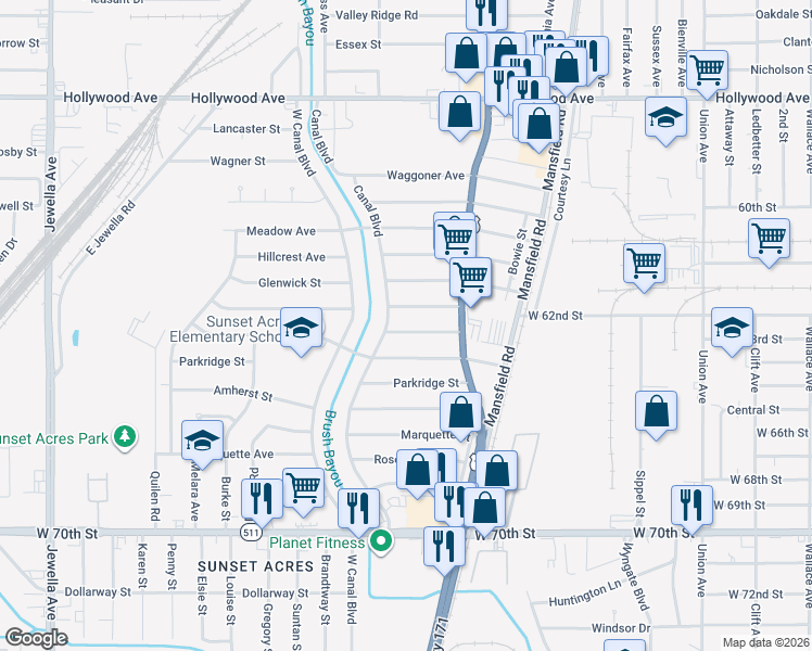 map of restaurants, bars, coffee shops, grocery stores, and more near 2748 Grassmere Street in Shreveport