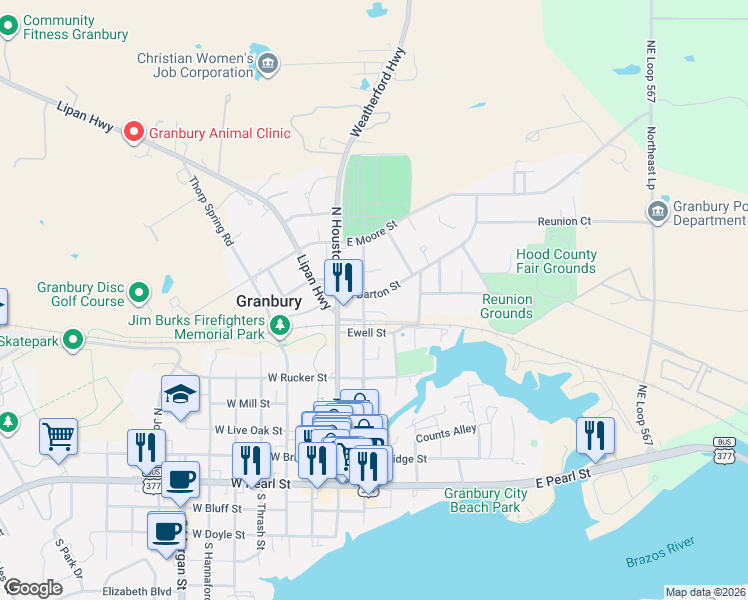 map of restaurants, bars, coffee shops, grocery stores, and more near 713 North Crockett Street in Granbury