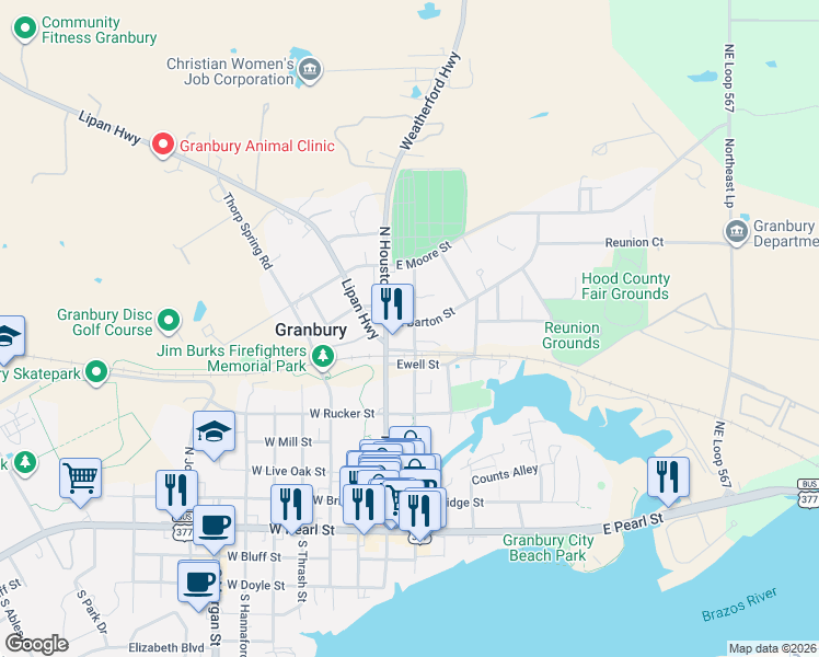 map of restaurants, bars, coffee shops, grocery stores, and more near 713 North Crockett Street in Granbury