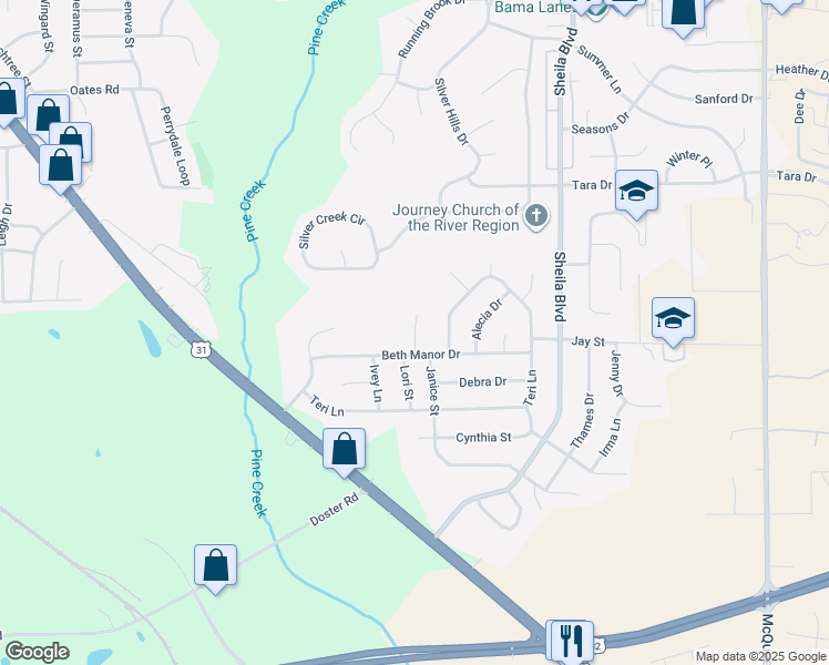 map of restaurants, bars, coffee shops, grocery stores, and more near 106 Mara Court in Prattville