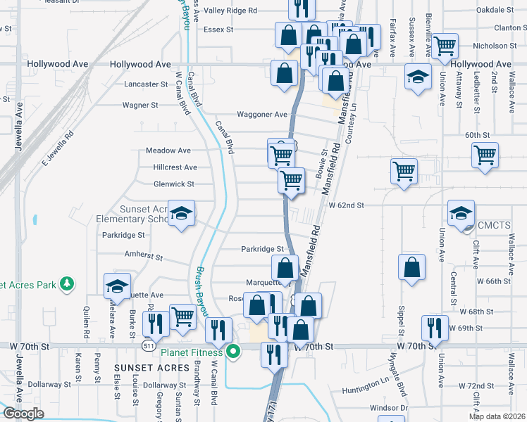 map of restaurants, bars, coffee shops, grocery stores, and more near 6395 Buncombe Road in Shreveport